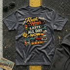 Rush Hour Lasts All Day Now T-shirt is by The Riverstone Life, a dark heather Gildan Softstyle 64000 featuring a colorful traffic themed design for RV Transport drivers, commuters, truckers, and road travelers. 