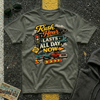 Rush Hour Lasts All Day Now T-shirt is by The Riverstone Life, a military green Gildan Softstyle 64000 featuring a colorful traffic themed design for RV Transport drivers, commuters, truckers, and road travelers. 