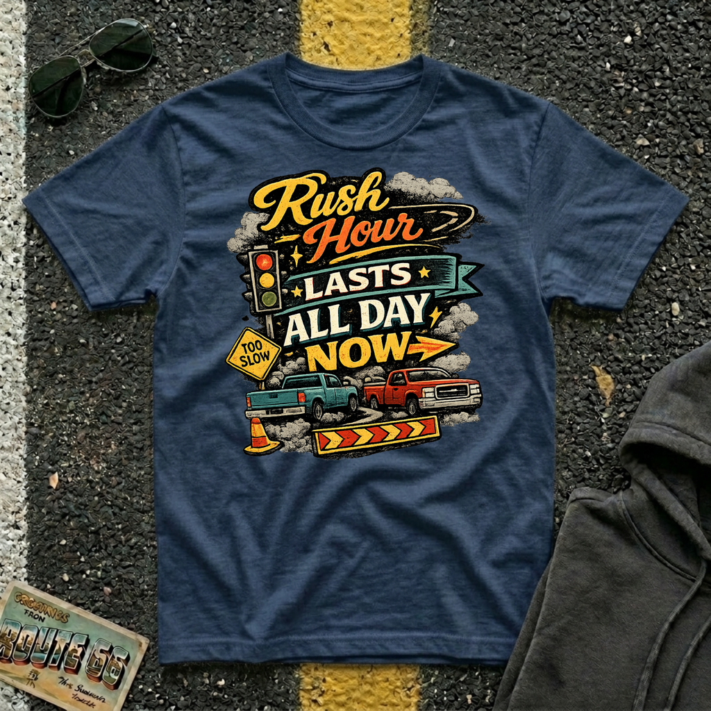 Rush Hour Lasts All Day Now T-shirt is by The Riverstone Life, a navy Gildan Softstyle 64000 featuring a colorful traffic themed design for RV Transport drivers, commuters, truckers, and road travelers.
