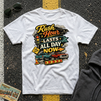 Rush Hour Lasts All Day Now T-shirt is by The Riverstone Life, a white Gildan Softstyle 64000 featuring a colorful traffic themed design for RV Transport drivers, commuters, truckers, and road travelers. 