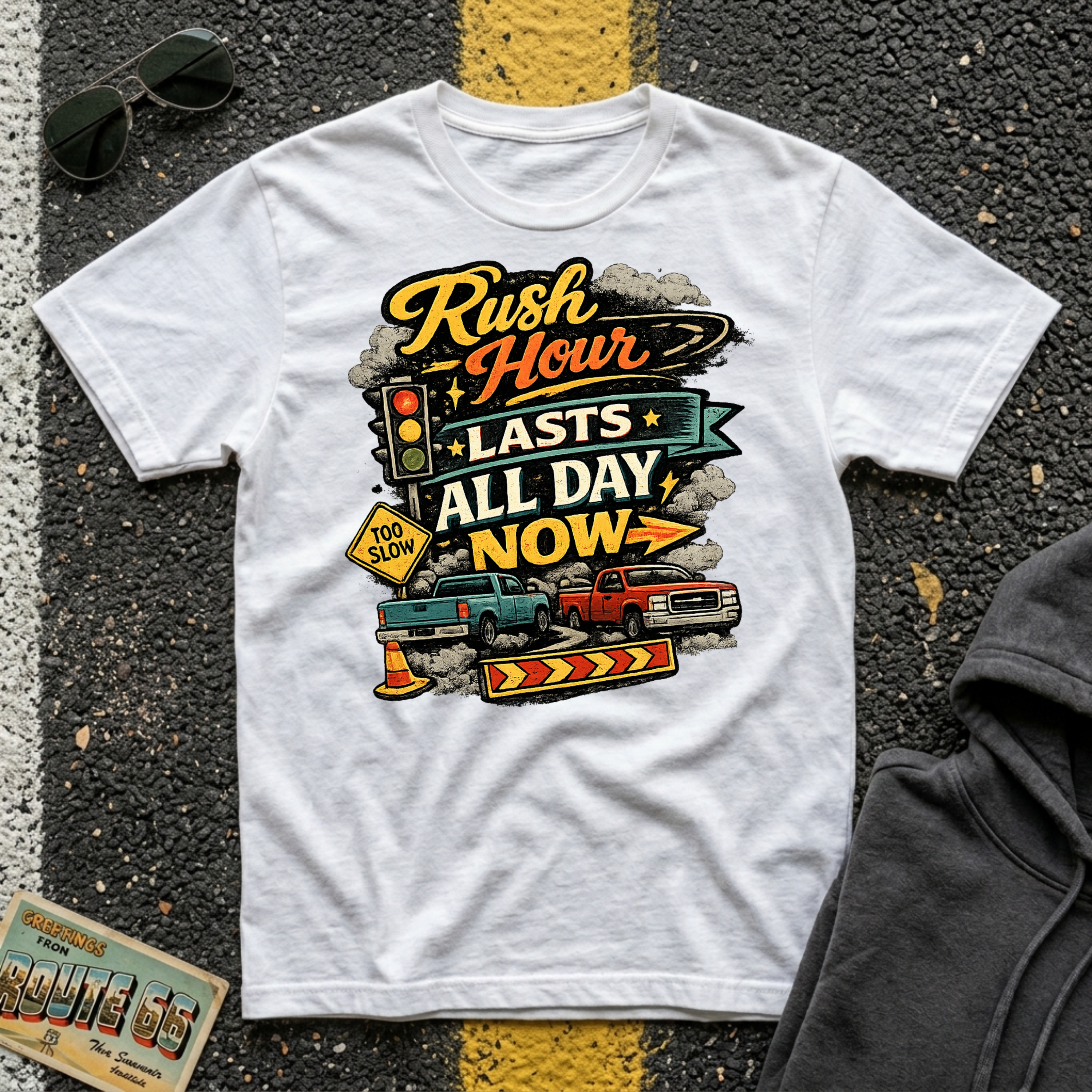 Rush Hour Lasts All Day Now T-shirt is by The Riverstone Life, a white Gildan Softstyle 64000 featuring a colorful traffic themed design for RV Transport drivers, commuters, truckers, and road travelers. 