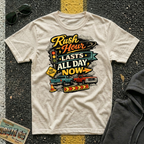 Rush Hour Lasts All Day Now T-shirt is by The Riverstone Life, a natural Gildan Softstyle 64000 featuring a colorful traffic themed design for RV Transport drivers, commuters, truckers, and road travelers.