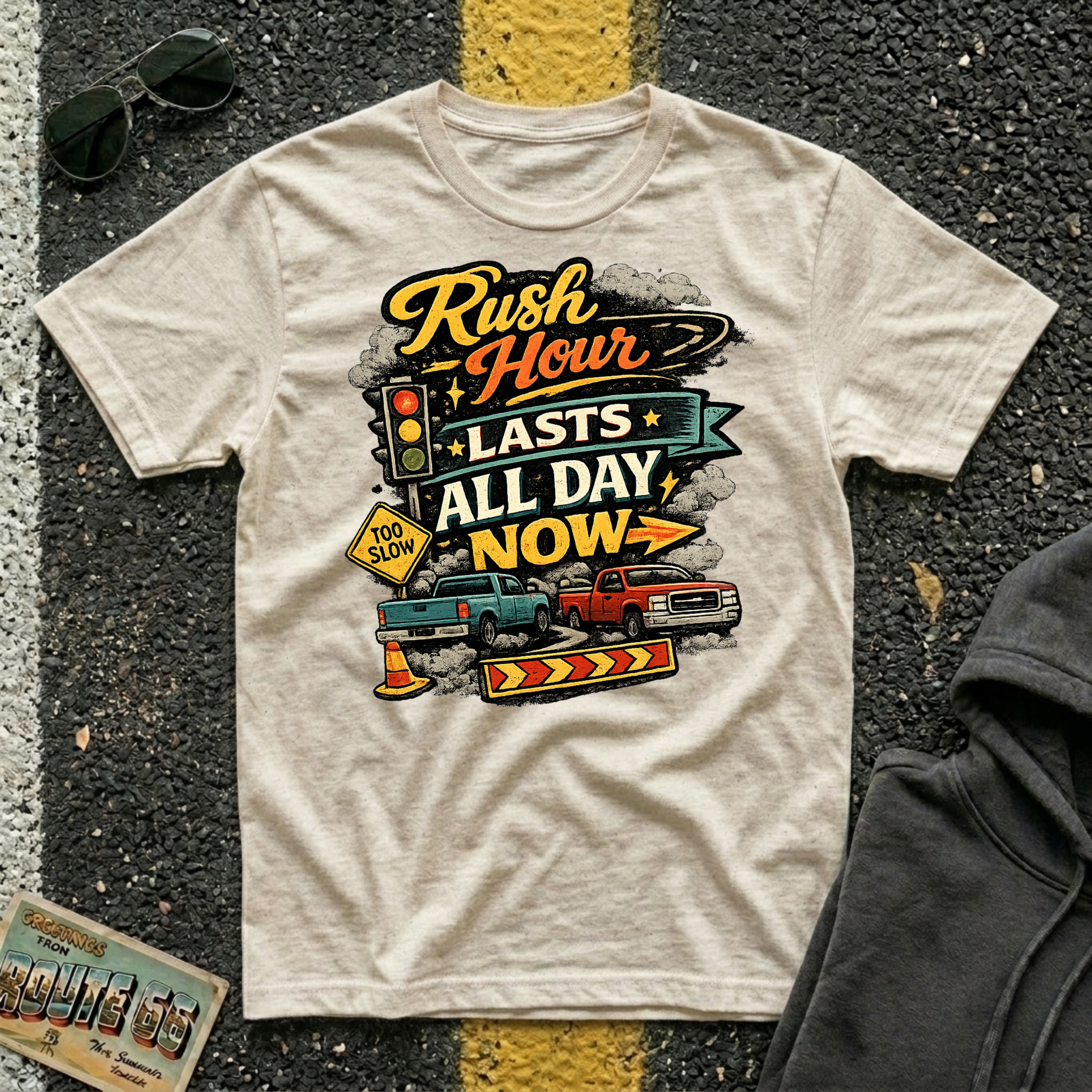 Rush Hour Lasts All Day Now T-shirt is by The Riverstone Life, a natural Gildan Softstyle 64000 featuring a colorful traffic themed design for RV Transport drivers, commuters, truckers, and road travelers.