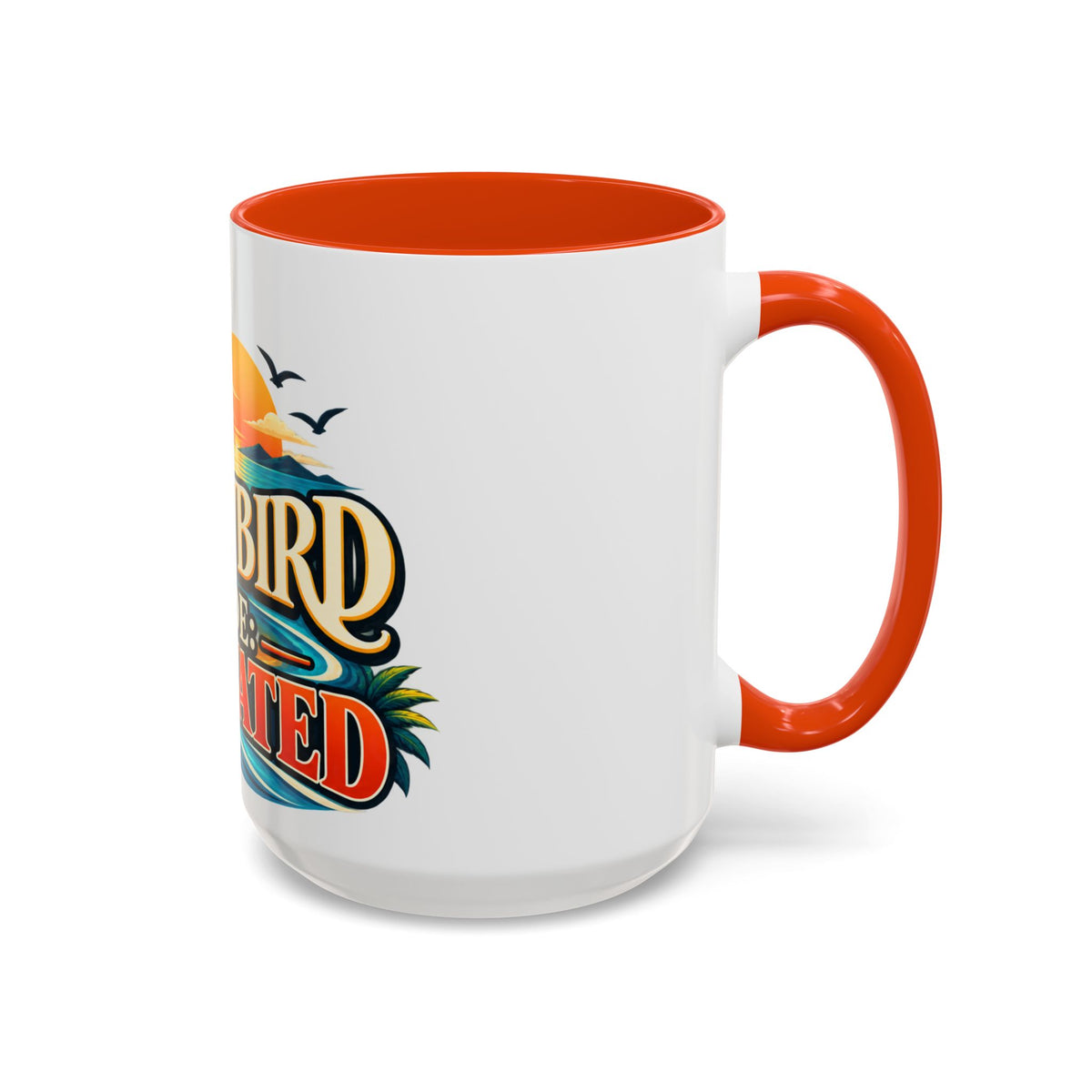 A white ceramic mug with a bright orange handle and interior, featuring a colorful tropical graphic on the front 