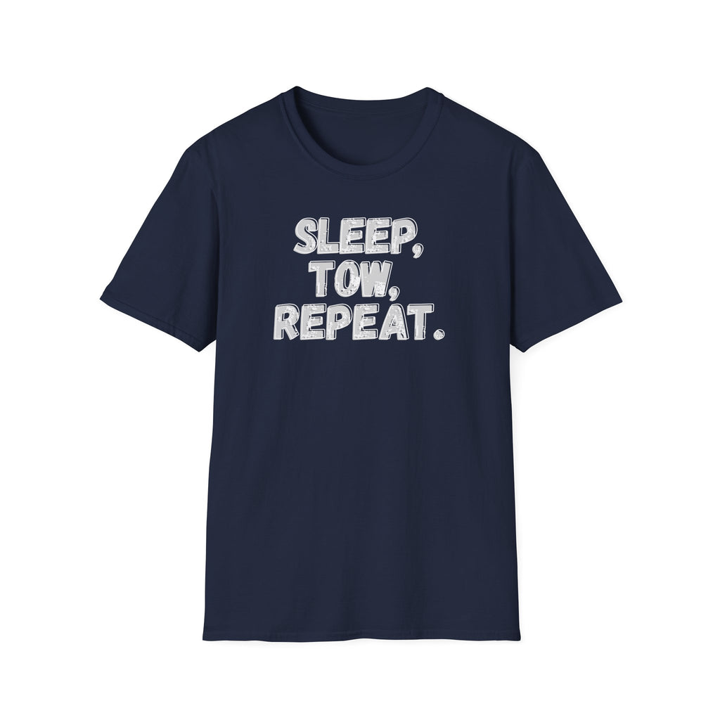 Navy t-shirt 'Sleep, Tow, Repeat' vintage style on a white background.