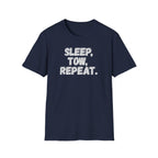 Navy t-shirt 'Sleep, Tow, Repeat' vintage style on a white background.