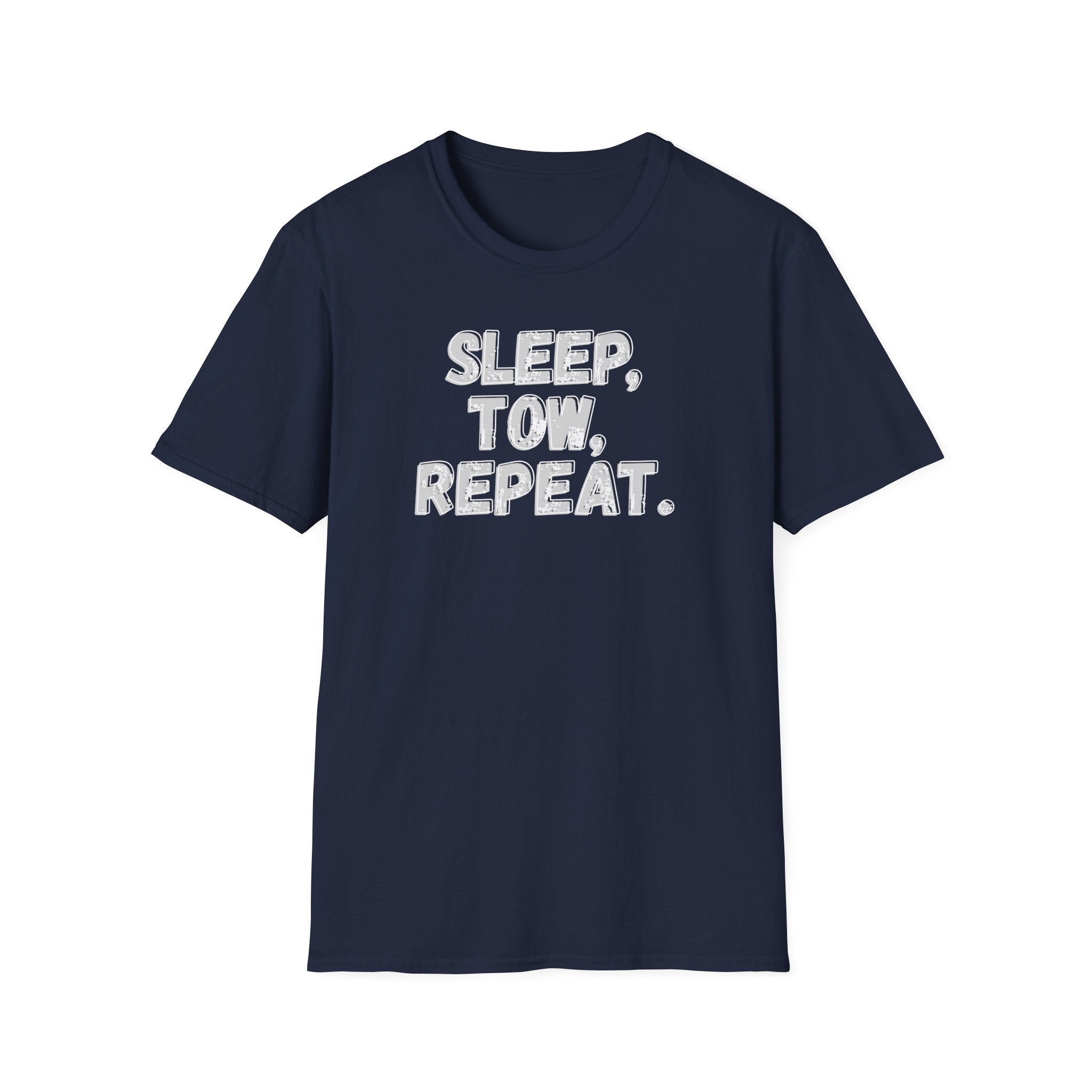 Navy t-shirt 'Sleep, Tow, Repeat' vintage style on a white background.