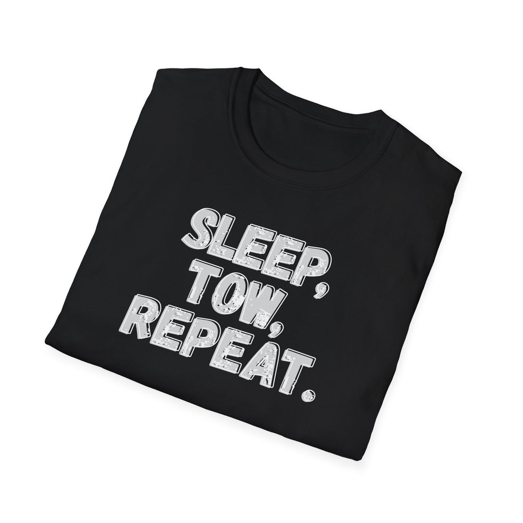 A folded black t-shirt with the phrase 'SLEEP, TOW, REPEAT.' printed in a bold, distressed white gray-ish font, displayed on a clean white background.