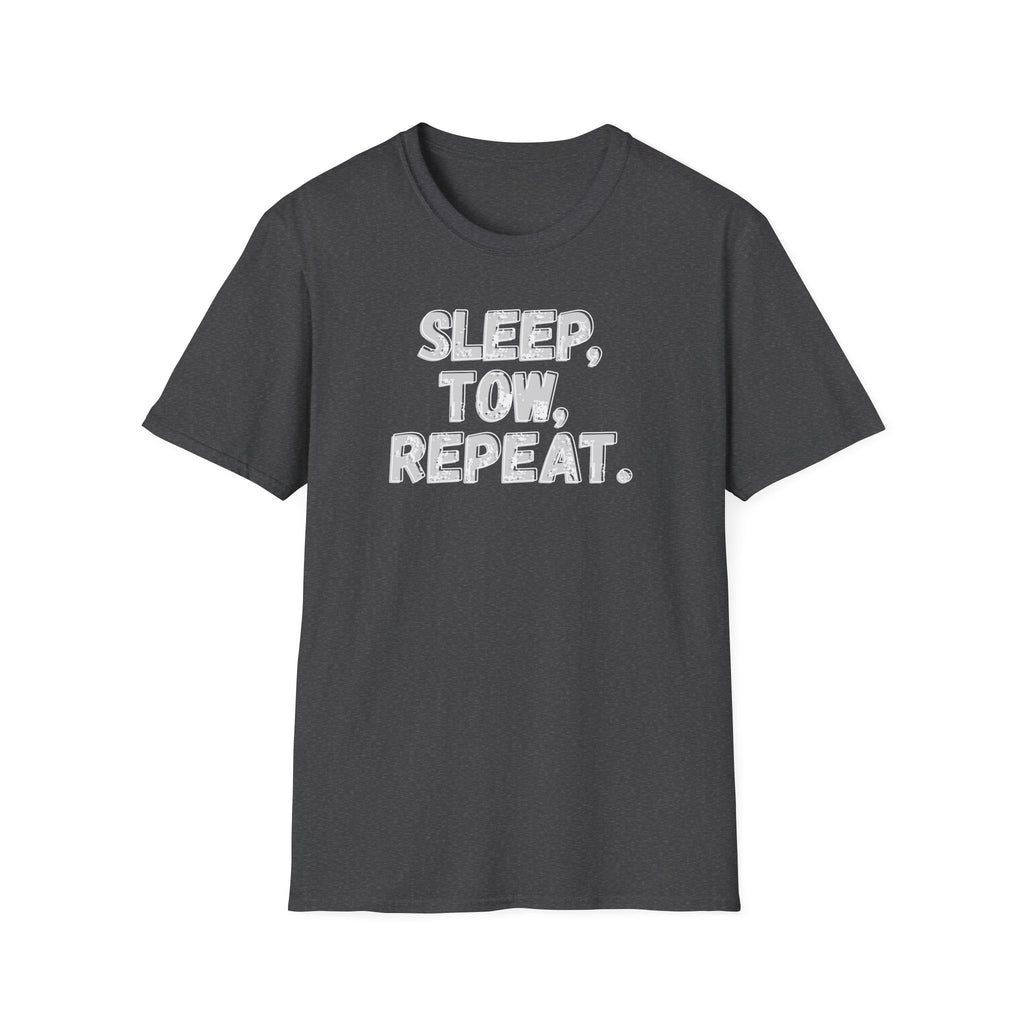 Dark heather 'Sleep, Tow, Repeat.' t-shirt vintage typography on a white background.