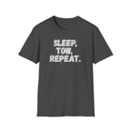 Dark heather 'Sleep, Tow, Repeat.' t-shirt vintage typography on a white background.