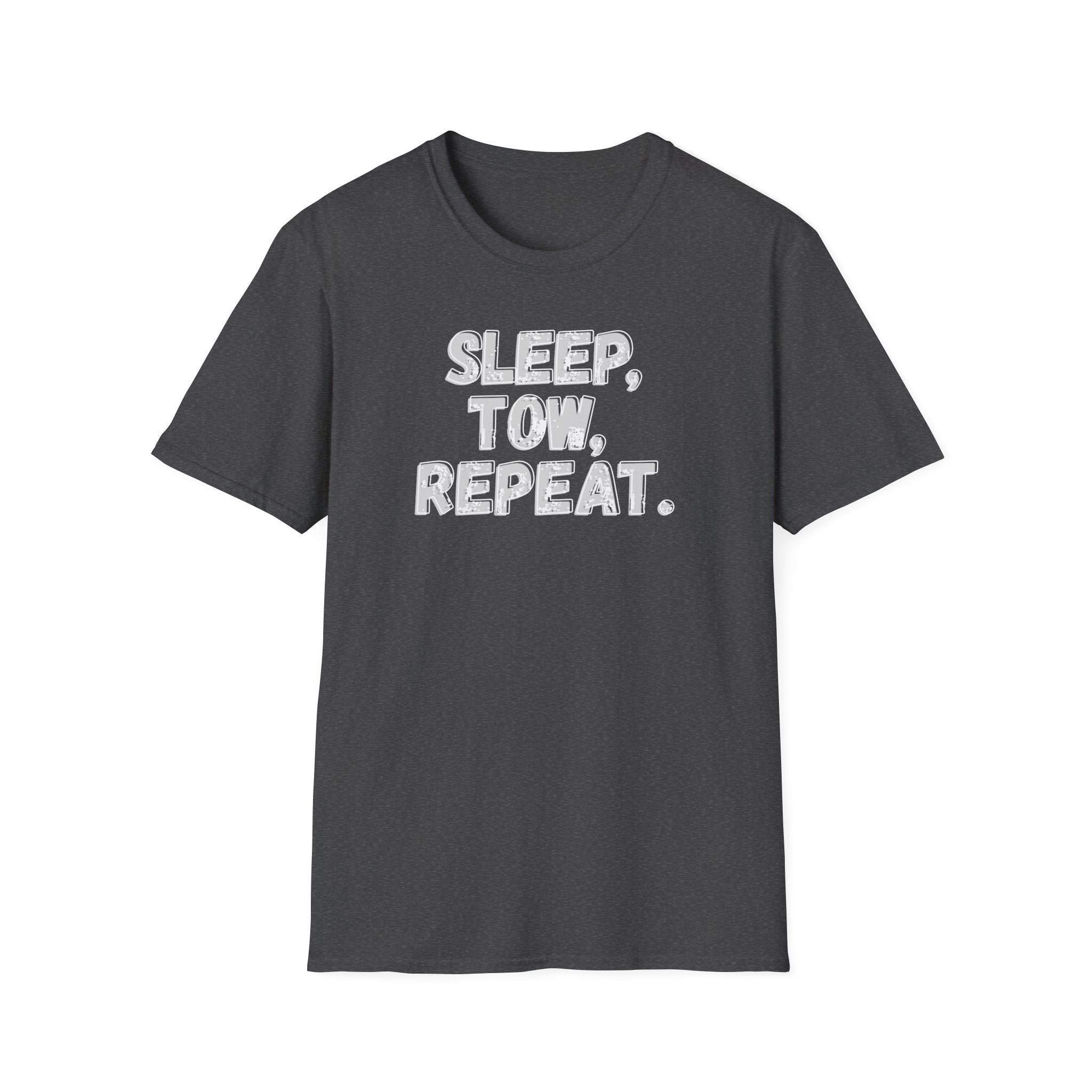 Dark heather 'Sleep, Tow, Repeat.' t-shirt vintage typography on a white background.