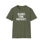 Military green 'Sleep, Tow, Repeat.' t-shirt vintage style on a white background.