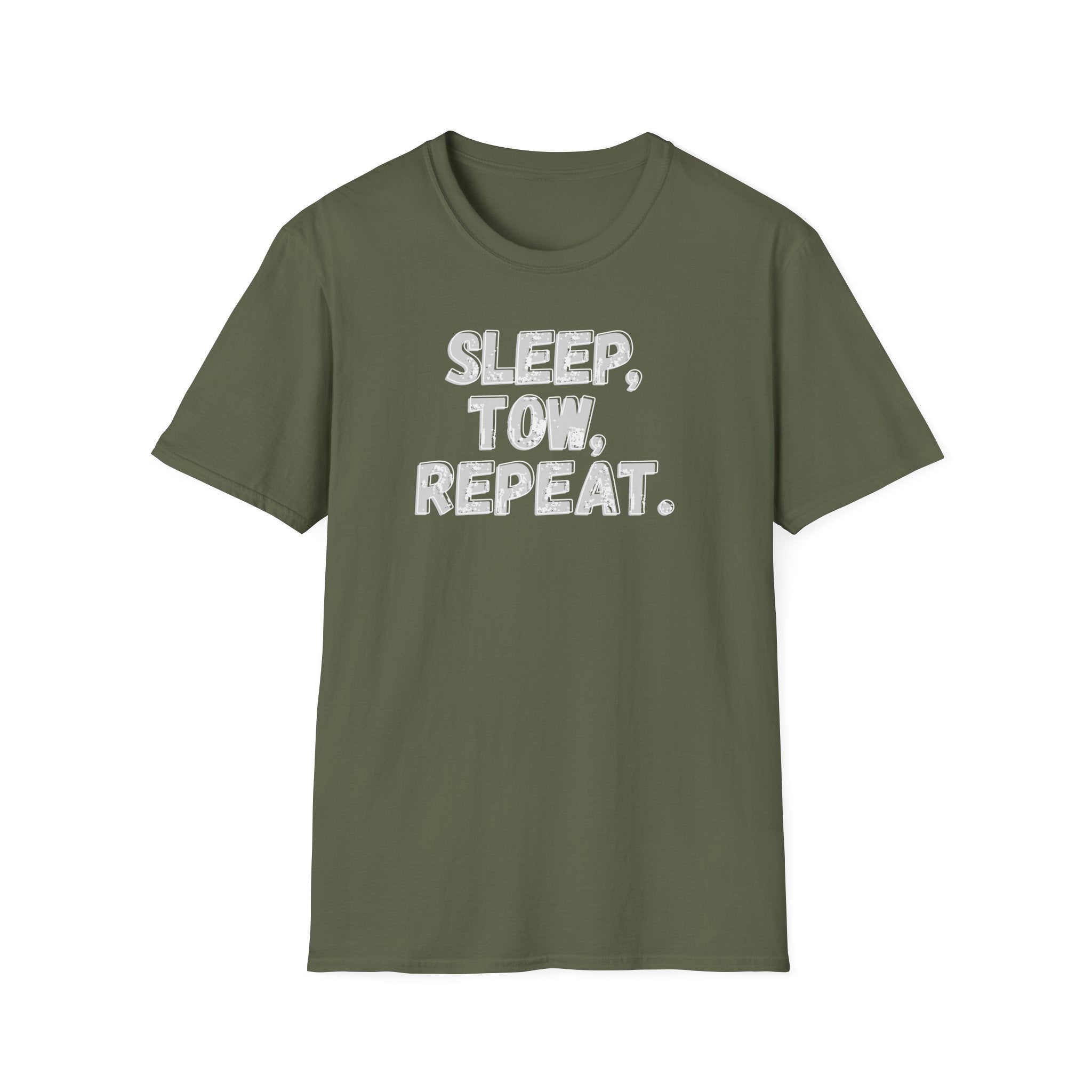 Military green 'Sleep, Tow, Repeat.' t-shirt vintage style on a white background.