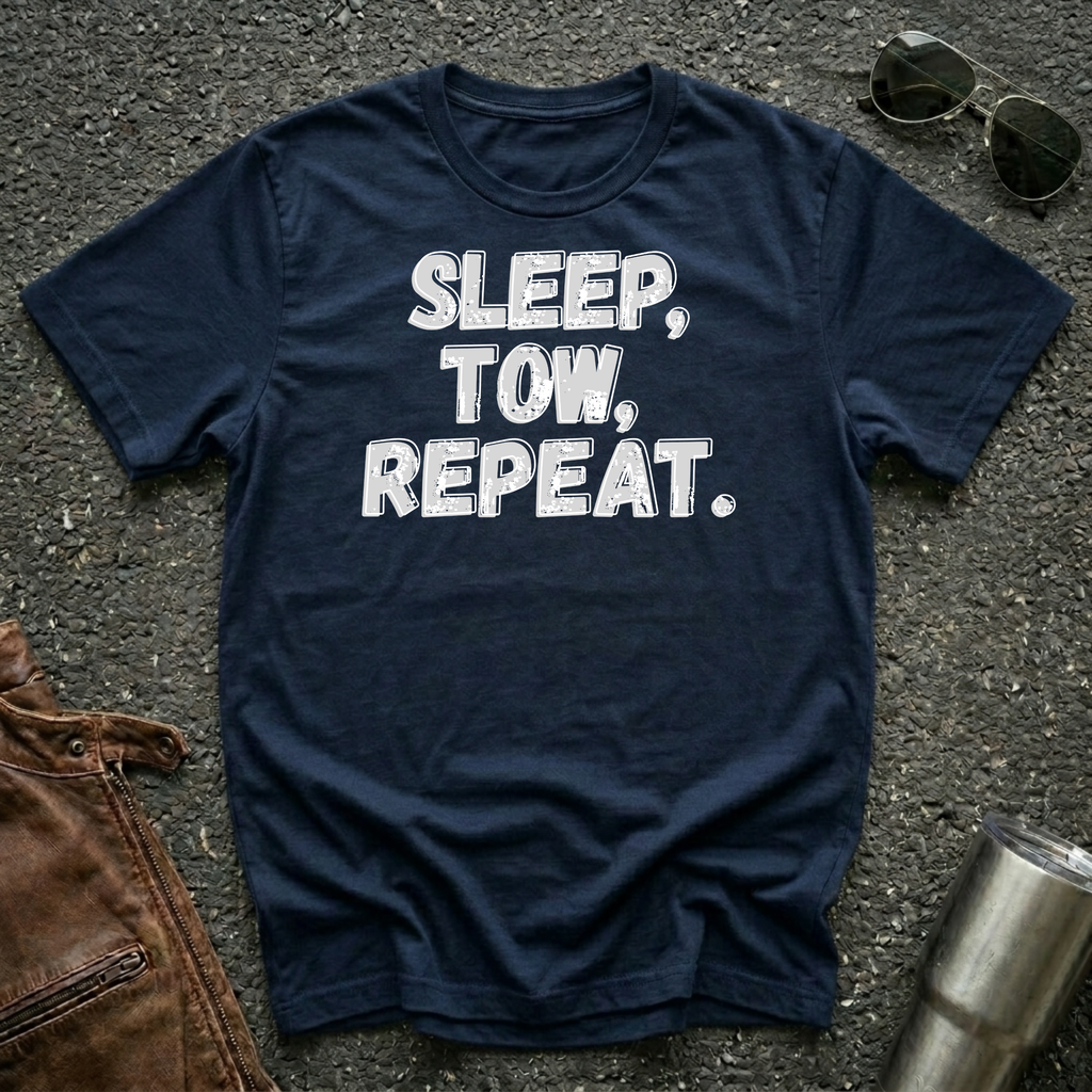 A navy blue crewneck t-shirt with the text 'SLEEP, TOW, REPEAT.' printed in distressed white gray-ish capital letters, laid flat on a gray asphalt surface with sunglasses, a brown leather jacket, and a metal tumbler as props.