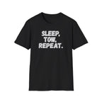 Black 'Sleep, Tow, Repeat.'vintage style typography on a white background.