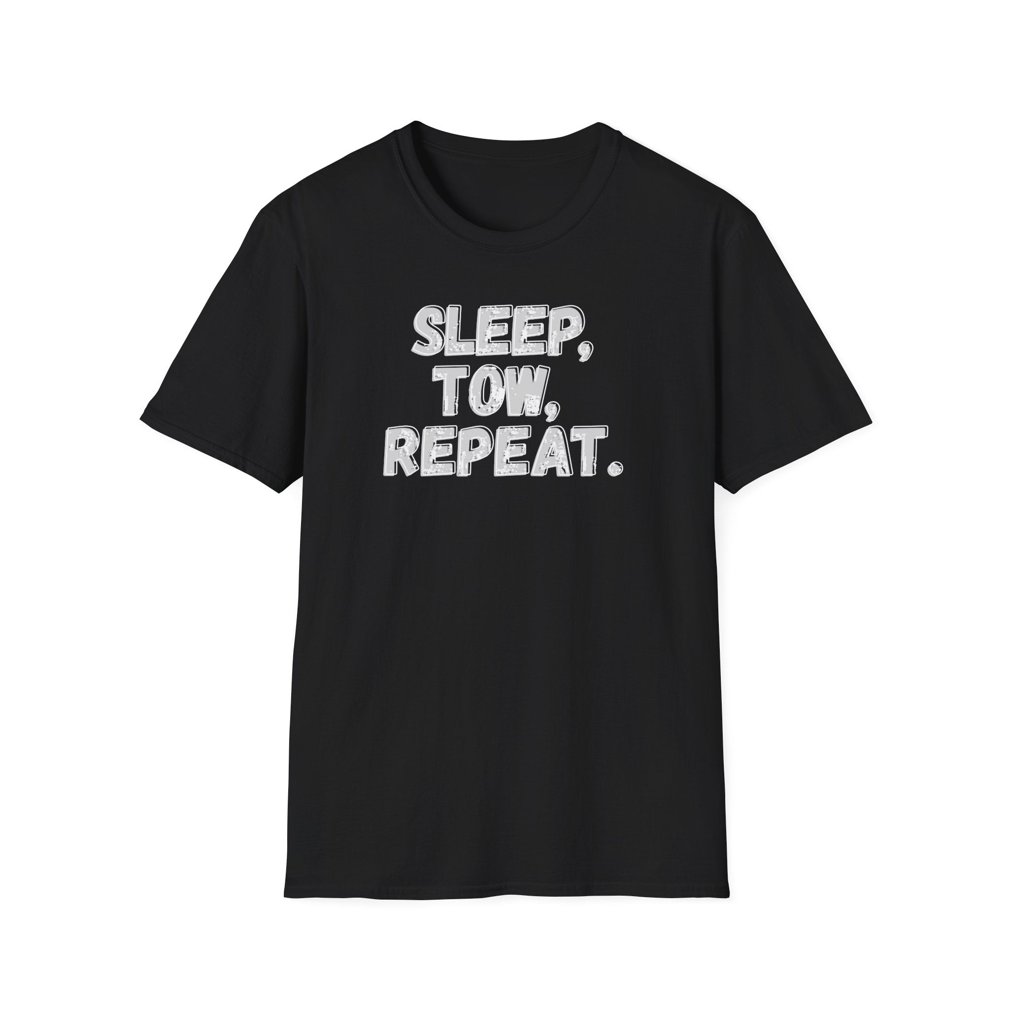 Black 'Sleep, Tow, Repeat.'vintage style typography on a white background.