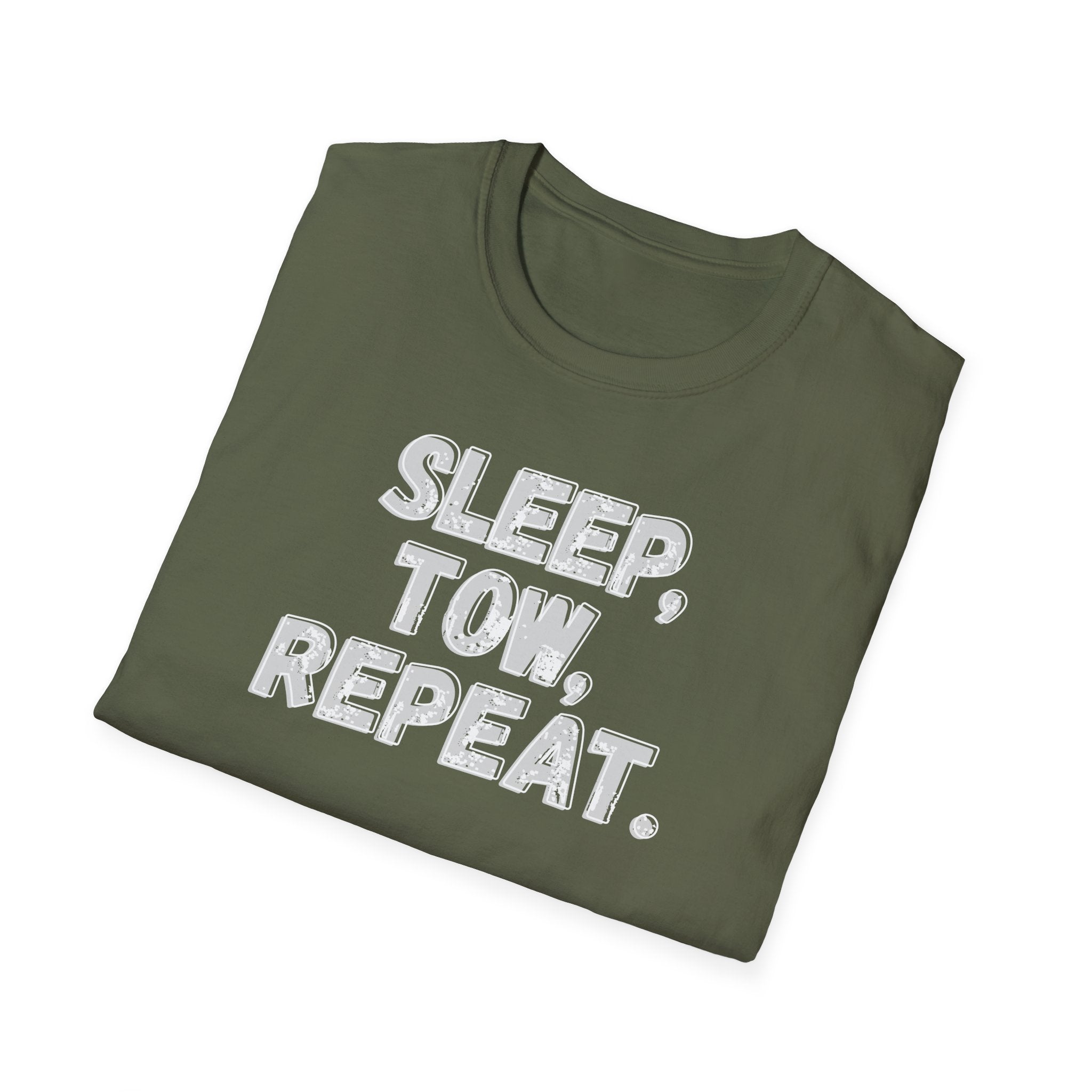 An olive green folded t-shirt with the slogan 'SLEEP, TOW, REPEAT.' printed in a distressed white grayish font on the front, displayed on a clean white background.