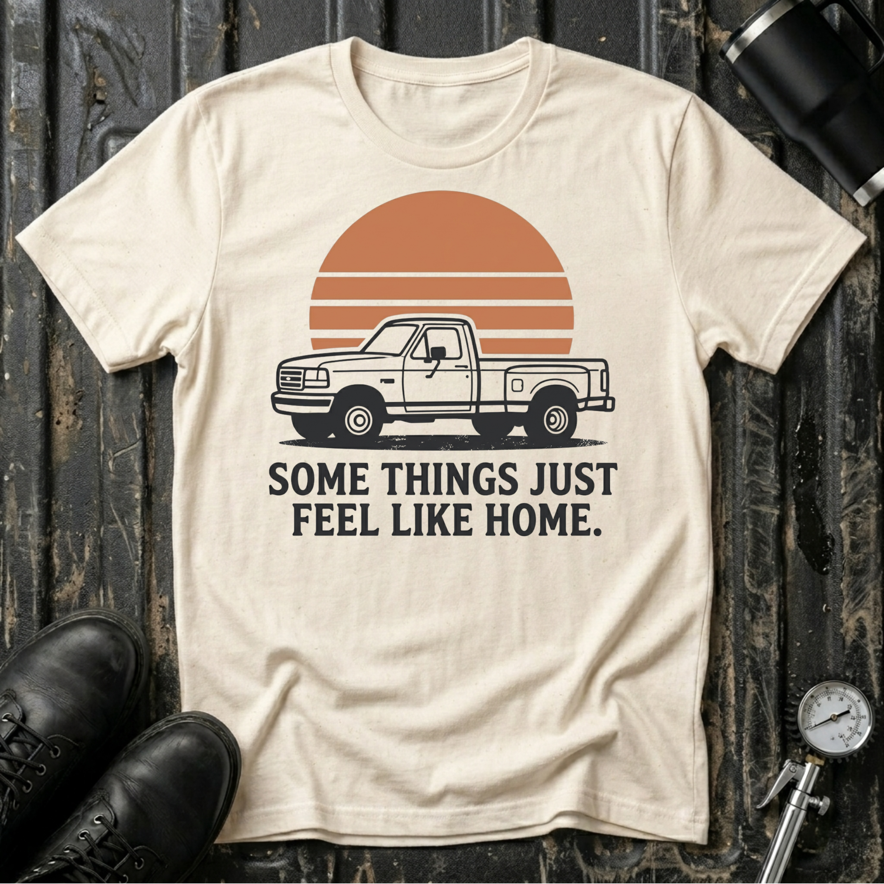 Vintage truck T-shirt featuring the phrase "Some Things Just Feel Like Home" with a retro sunset design for truck lovers and road trip enthusiasts.