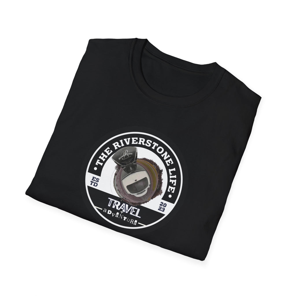 Black t-shirt 'The Riverstone Life 2023' circle logo folded