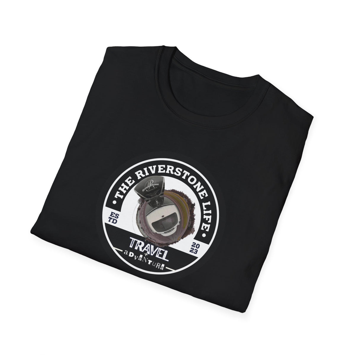 Black t-shirt 'The Riverstone Life 2023' circle logo folded