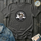 Dark heather t-shirt 'The Riverstone Life 2023' circle logo on flat mockup
