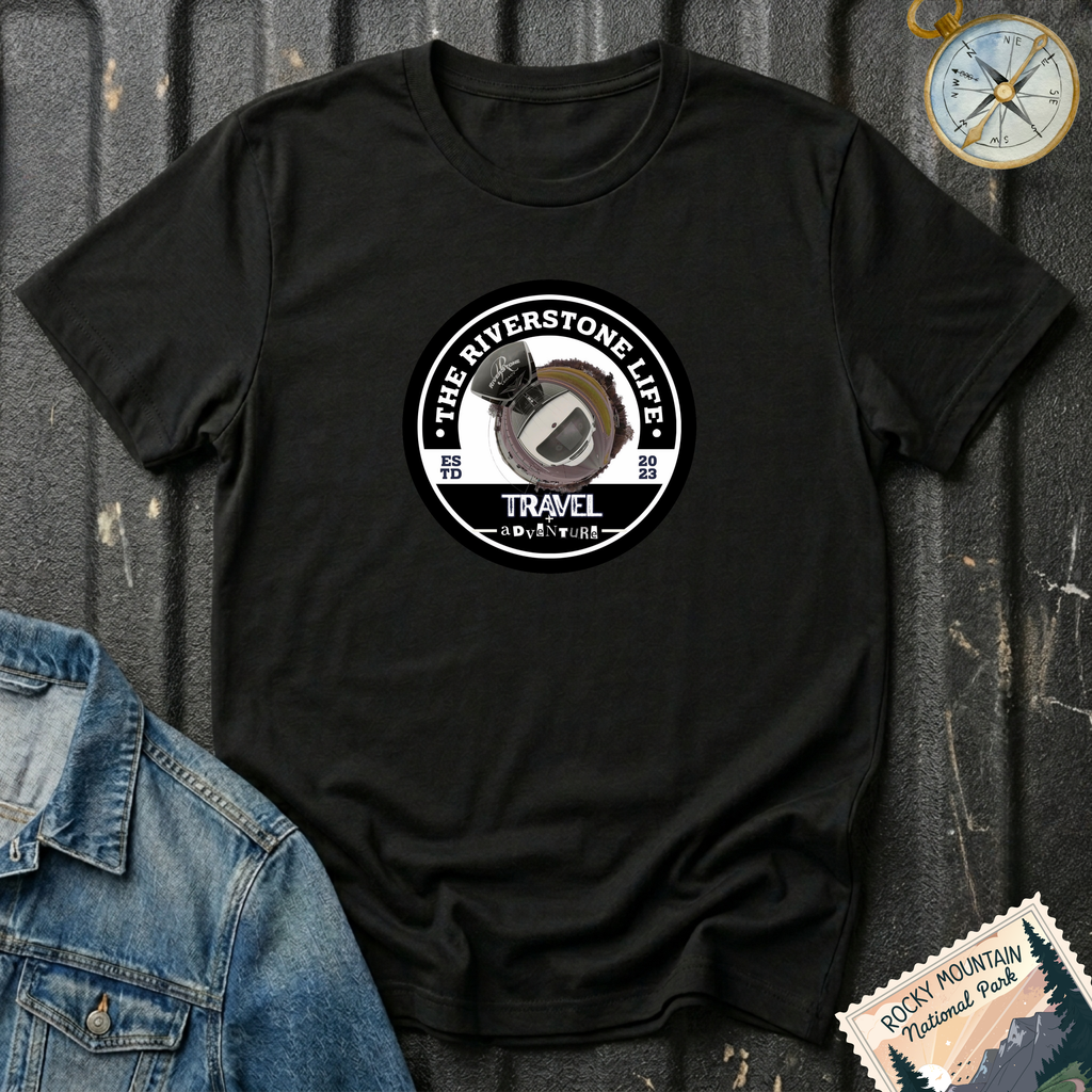 Black t-shirt 'The Riverstone Life 2023' circle logo on flat mockup