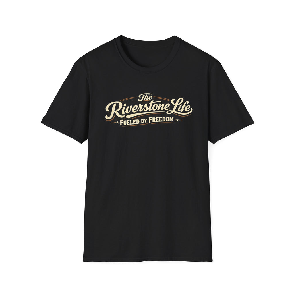 Black t-shirt with The Riverstone life Fueled By Freedom' design on a white background