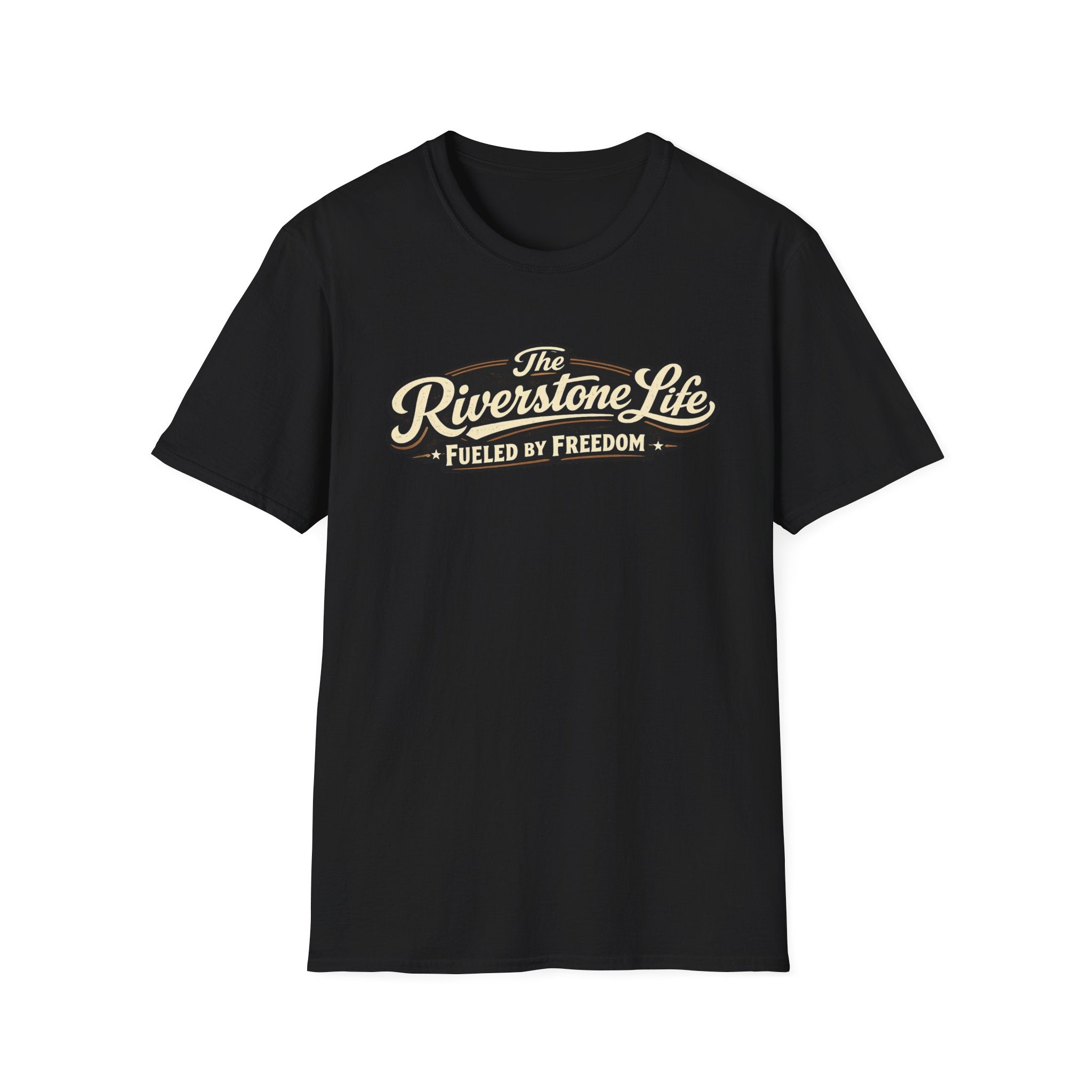 Black t-shirt with The Riverstone life Fueled By Freedom' design on a white background