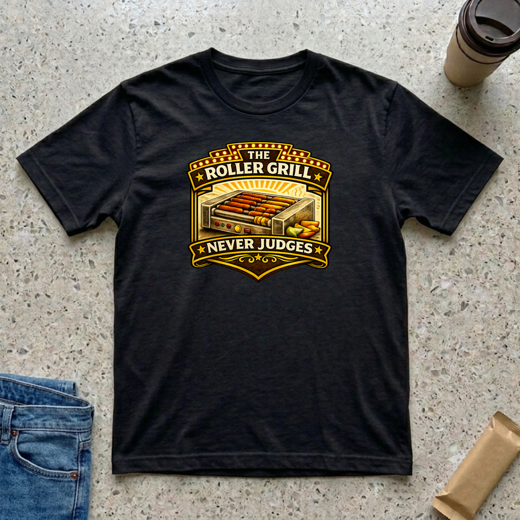black 'The Roller Grill Never Judges' retro vintage t-shirt