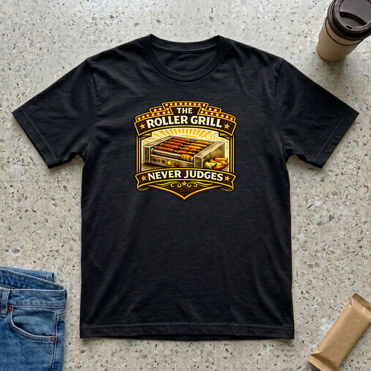 black 'The Roller Grill Never Judges' retro vintage t-shirt