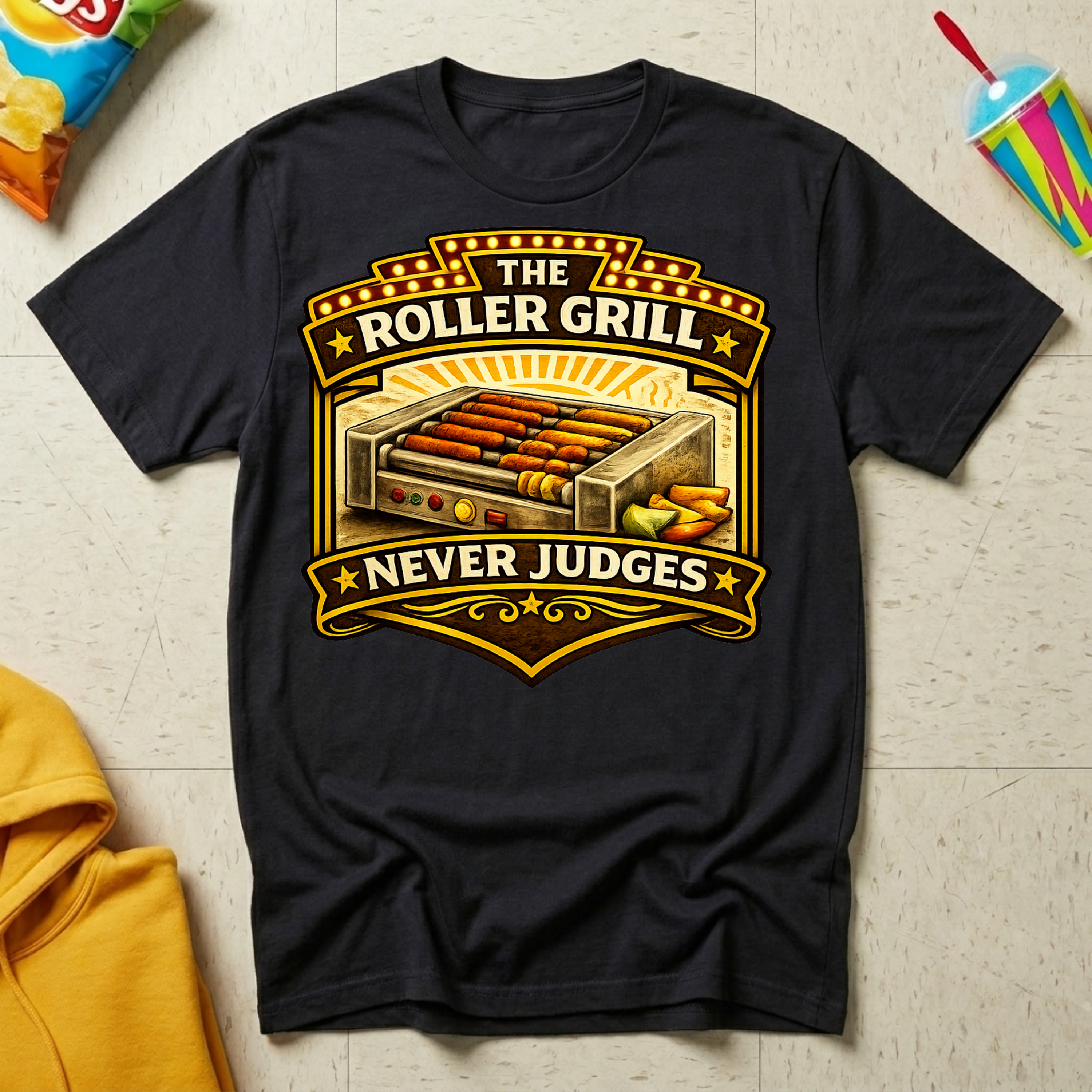 The Roller Grill Never Judges T-shirt by The Riverstone Life on a black Gildan Softstyle 64000 featuring humorous truck stop roller grill food design. 