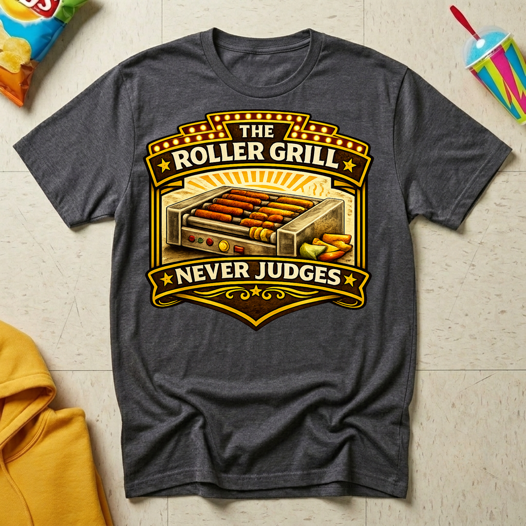 The Roller Grill Never Judges T-shirt by The Riverstone Life on a dark heather Gildan Softstyle 64000 featuring humorous truck stop roller grill food design. 