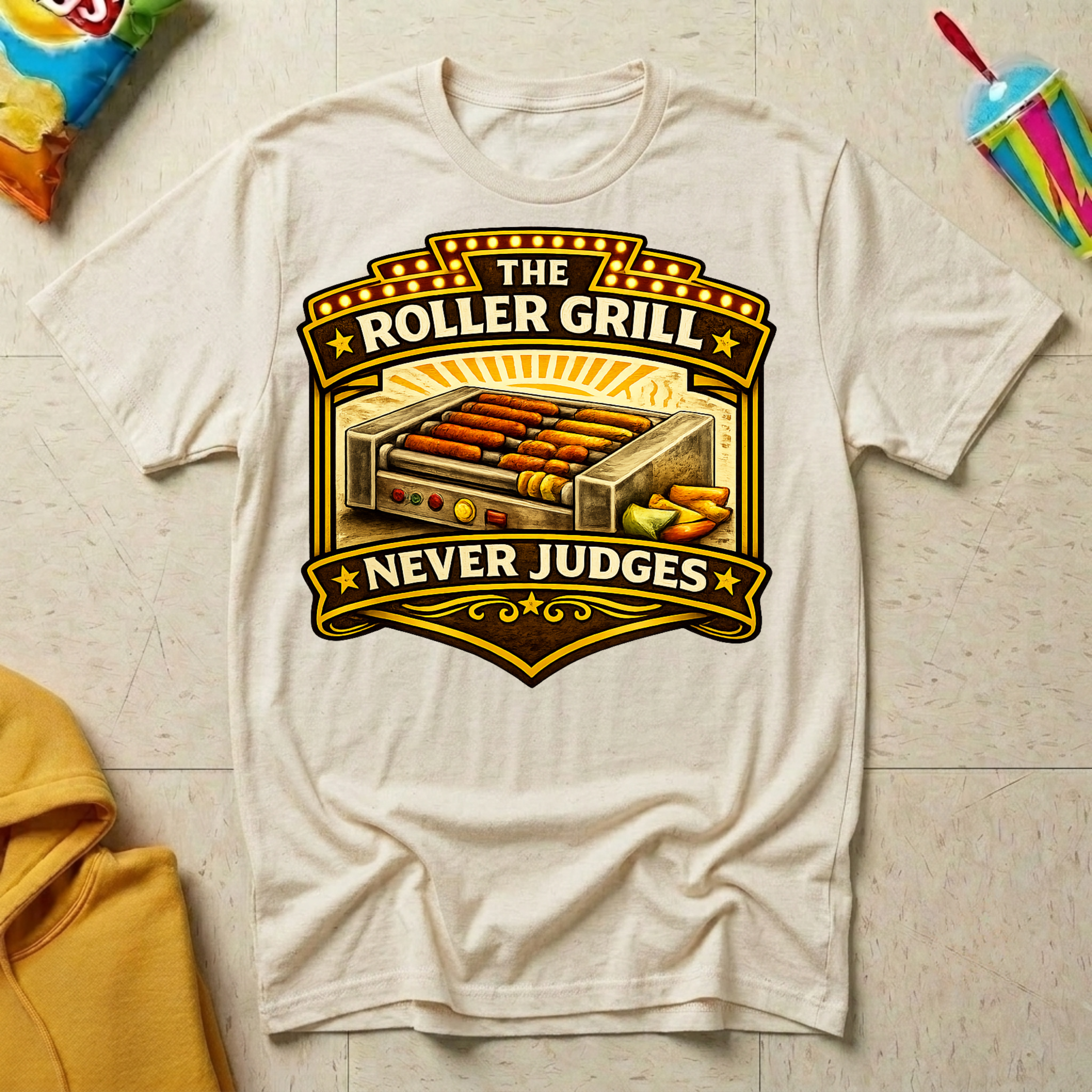 The Roller Grill Never Judges T-shirt by The Riverstone Life on a natural Gildan Softstyle 64000 featuring humorous truck stop roller grill food design. 