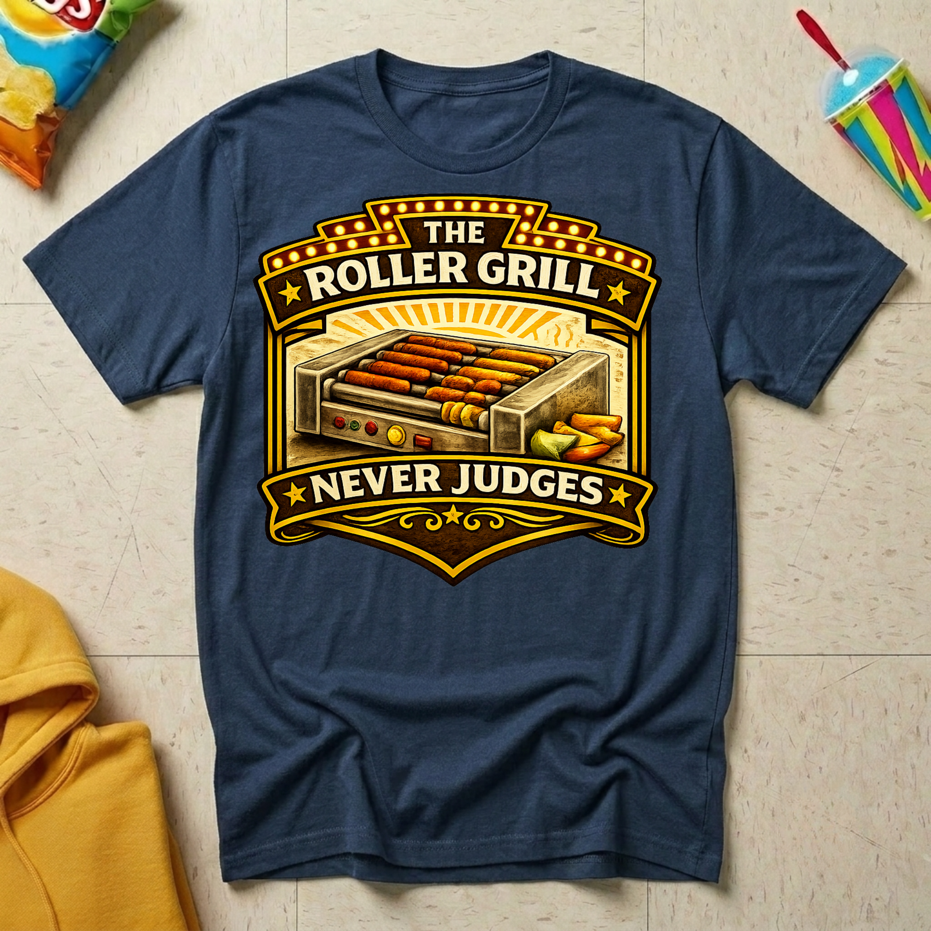 The Roller Grill Never Judges T-shirt by The Riverstone Life on a navy Gildan Softstyle 64000 featuring humorous truck stop roller grill food design. 