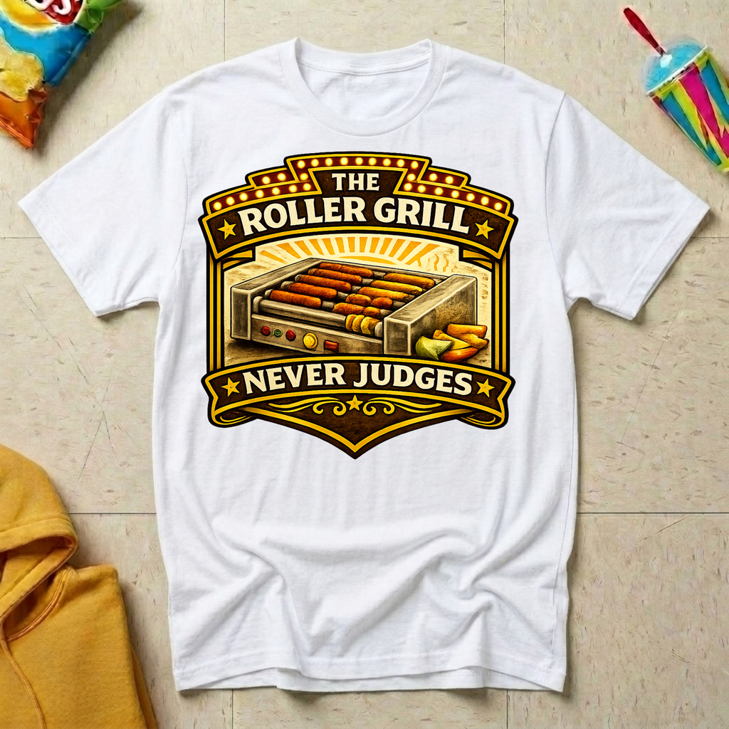 The Roller Grill Never Judges T-shirt by The Riverstone Life on a white Gildan Softstyle 64000 featuring humorous truck stop roller grill food design. 