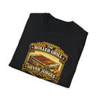 black folded 'The Roller Grill Never Judges' retro vintage t-shirt on a white background