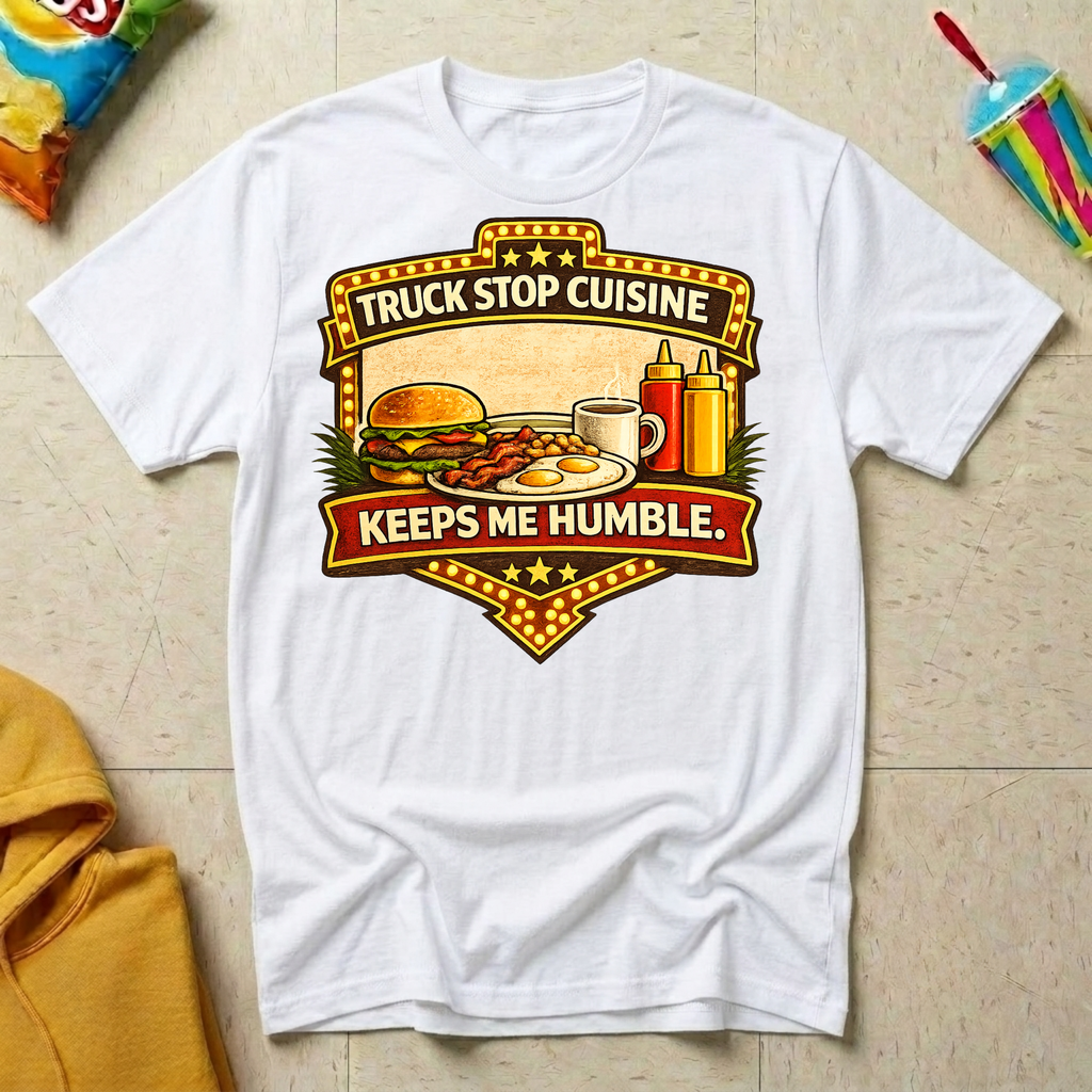 Truck Stop Cuisine Keeps Me Humble T-shirt by The Riverstone Life on white Gildan Softstyle 64000 featuring a vintage truck stop food graphic.