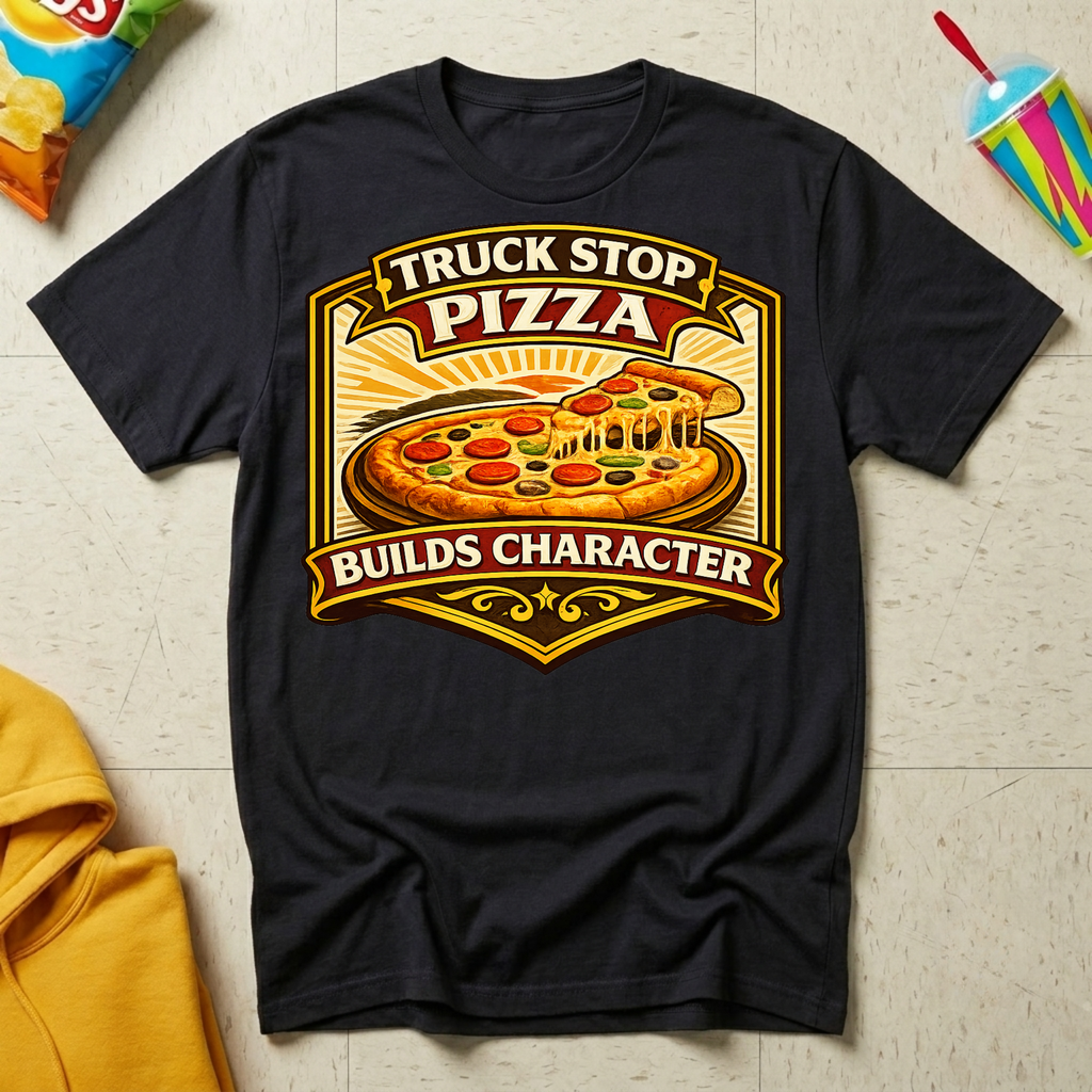 Truck Stop Pizza Builds Character T-shirt by The Riverstone Life on a black Gildan Softstyle 64000 featuring a humorous truck stop pizza design.