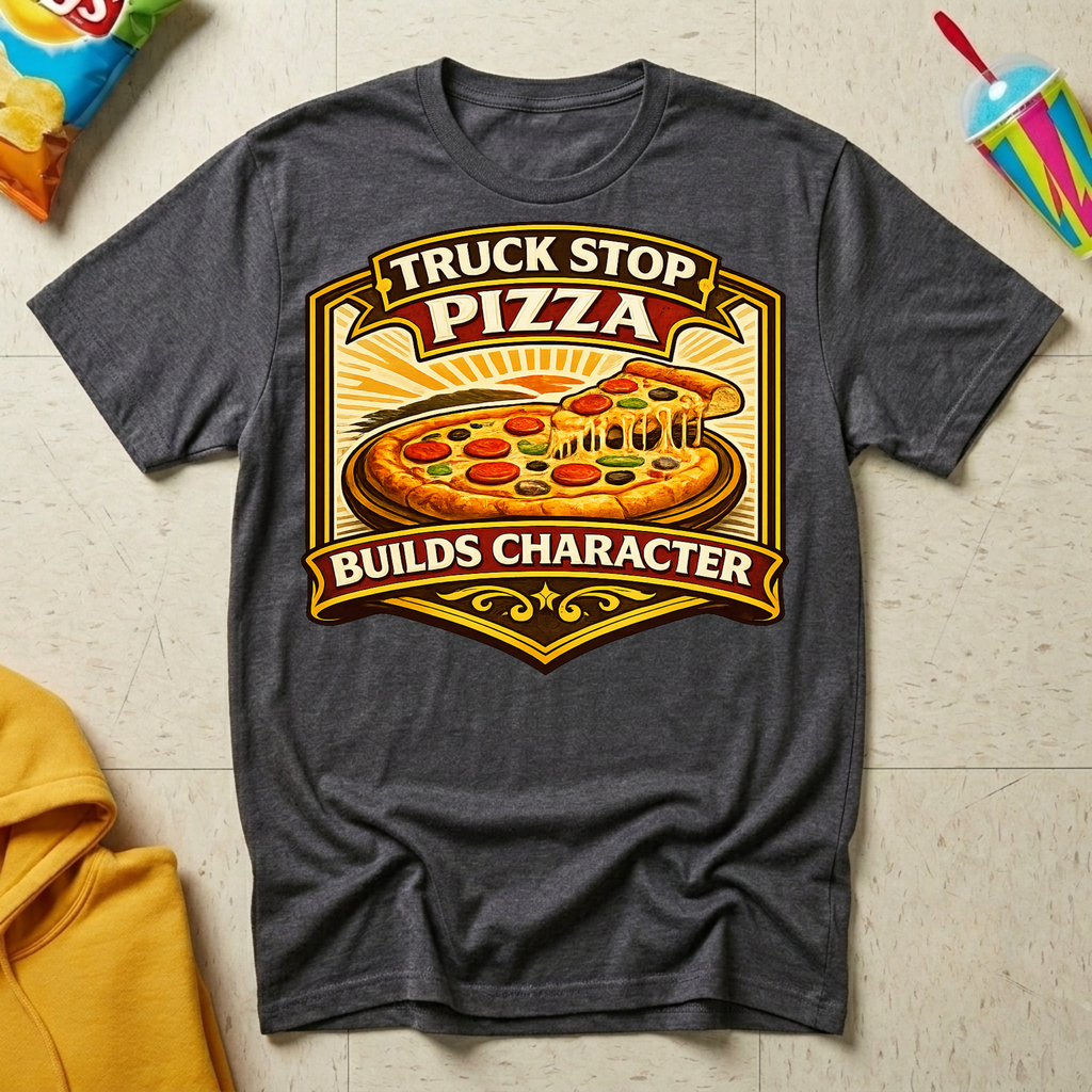 Truck Stop Pizza Builds Character T-shirt by The Riverstone Life on a dark heather Gildan Softstyle 64000 featuring a humorous truck stop pizza design.