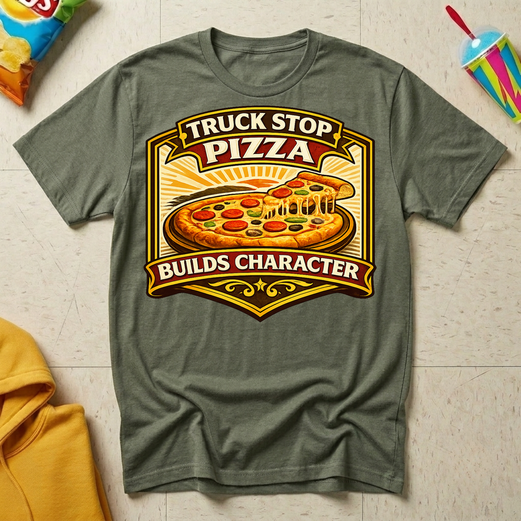 Truck Stop Pizza Builds Character T-shirt by The Riverstone Life on a military green Gildan Softstyle 64000 featuring a humorous truck stop pizza design.