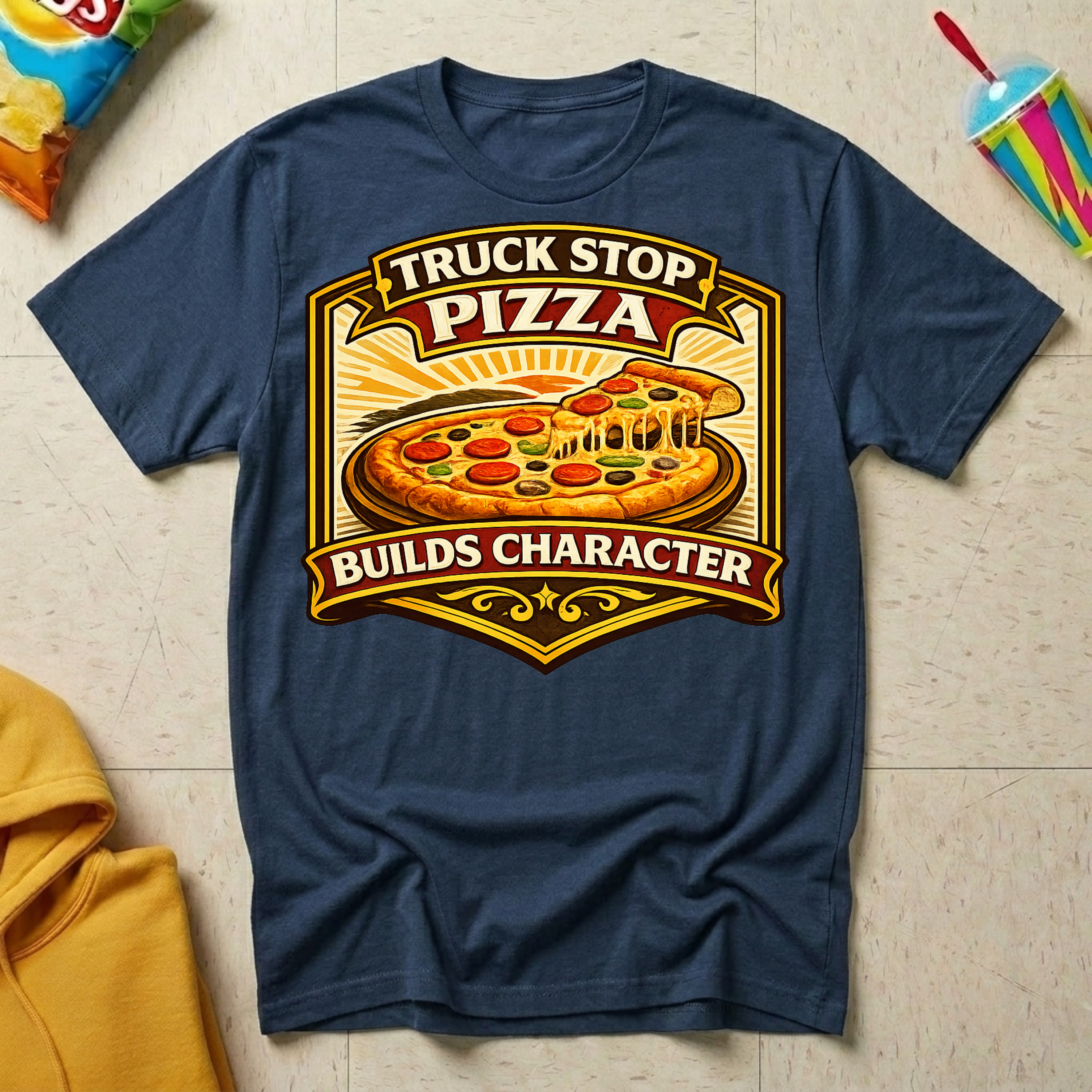 Truck Stop Pizza Builds Character T-shirt by The Riverstone Life on a navy Gildan Softstyle 64000 featuring a humorous truck stop pizza design.