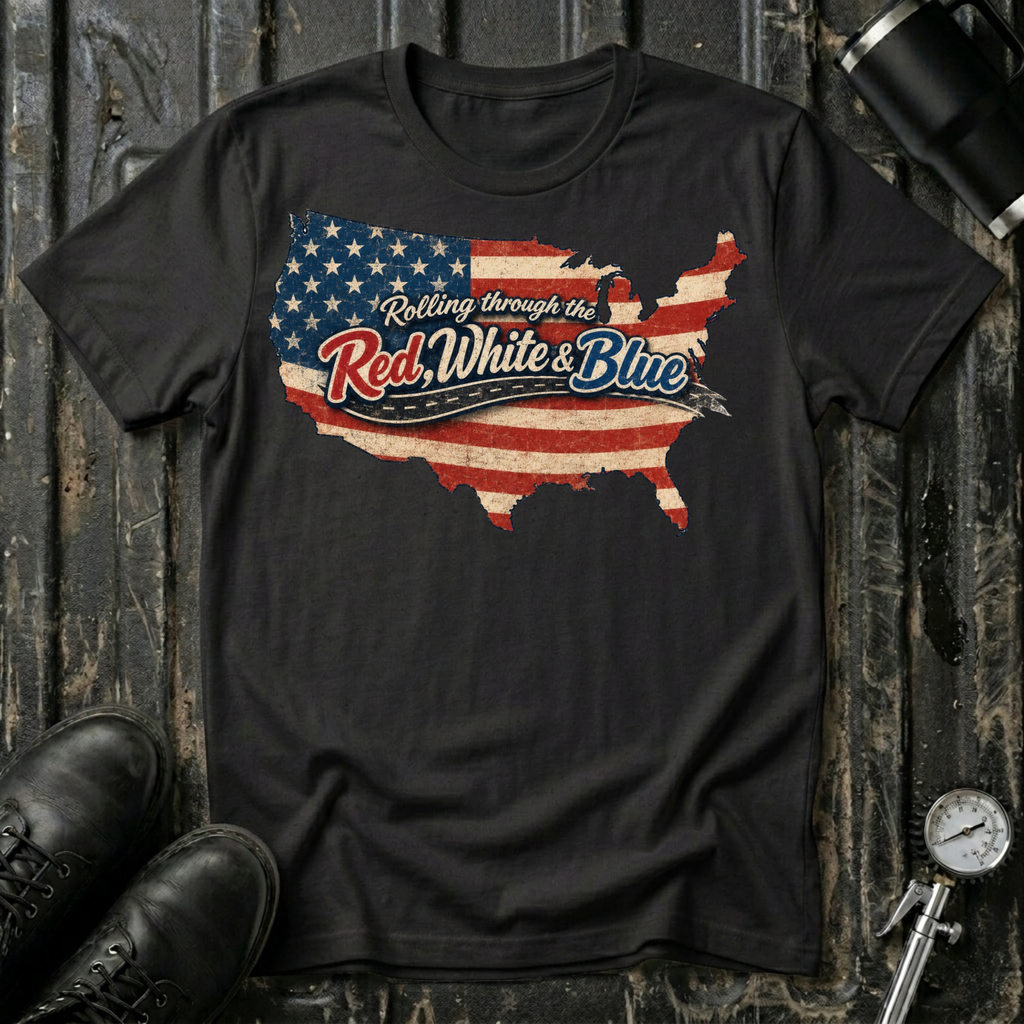 Vintage Rolling Through the Red, White and Blue T-shirt featuring a vintage USA map with the American flag for patriotic road trip and RV travel enthusiasts.