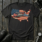 Vintage Rolling Through the Red, White and Blue T-shirt featuring a vintage USA map with the American flag for patriotic road trip and RV travel enthusiasts.