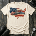 Vintage Rolling Through the Red, White and Blue T-shirt featuring a vintage USA map with the American flag for patriotic road trip and RV travel enthusiasts.