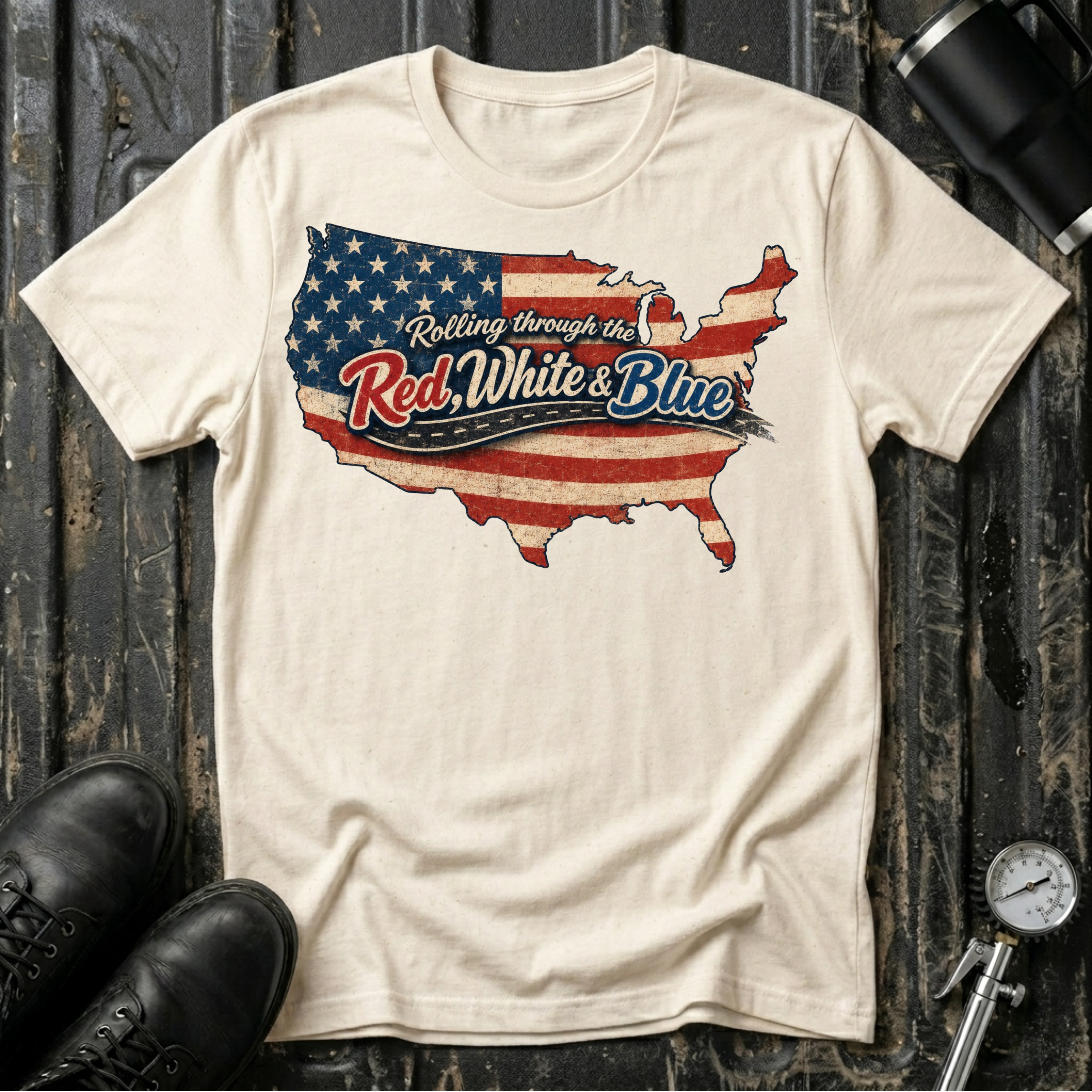 Vintage Rolling Through the Red, White and Blue T-shirt featuring a vintage USA map with the American flag for patriotic road trip and RV travel enthusiasts.