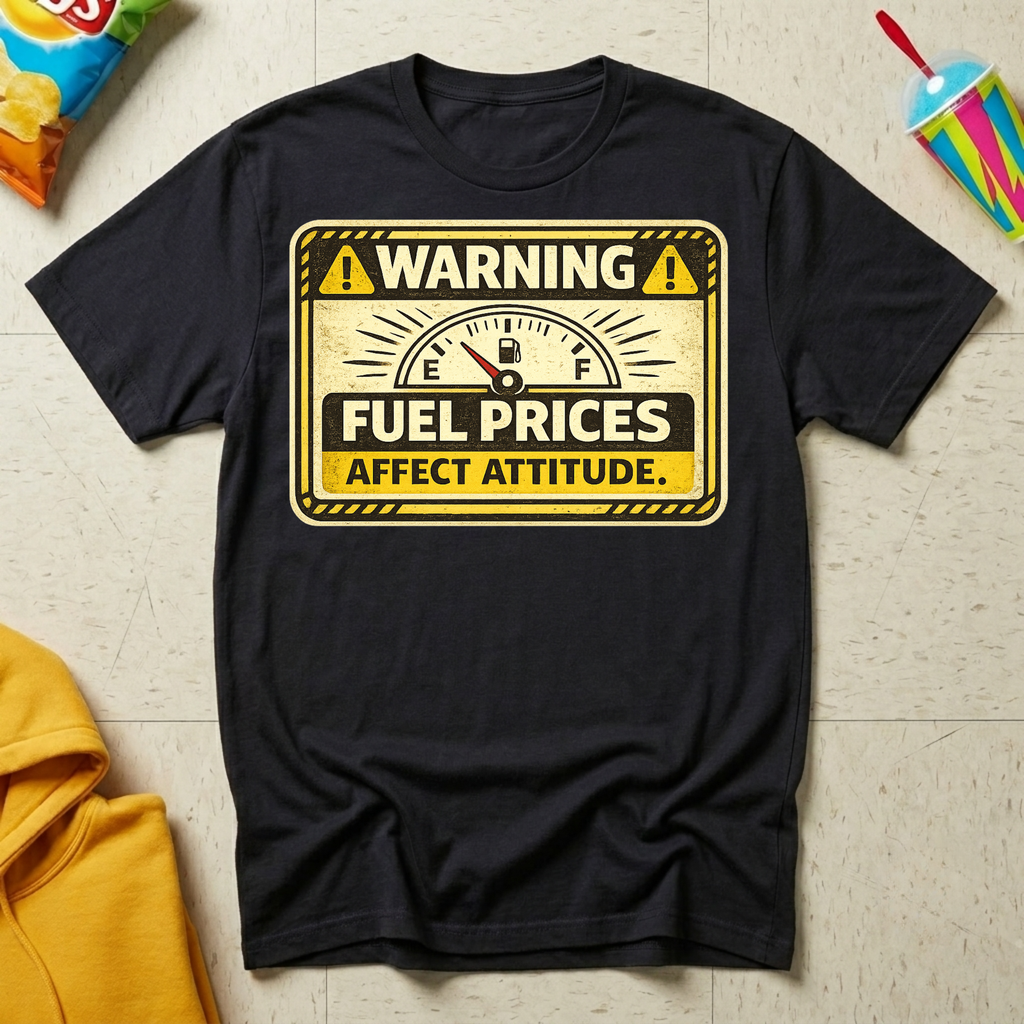 Warning: Fuel Prices Affect Attitude T-shirt by The Riverstone Life on a black Gildan Softstyle 64000 featuring a vintage fuel gauge and humorous gas price design.