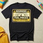 Warning: Fuel Prices Affect Attitude T-shirt by The Riverstone Life on a black Gildan Softstyle 64000 featuring a vintage fuel gauge and humorous gas price design.