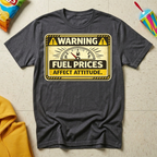 Warning: Fuel Prices Affect Attitude T-shirt by The Riverstone Life on a dark heather Gildan Softstyle 64000 featuring a vintage fuel gauge and humorous gas price design.