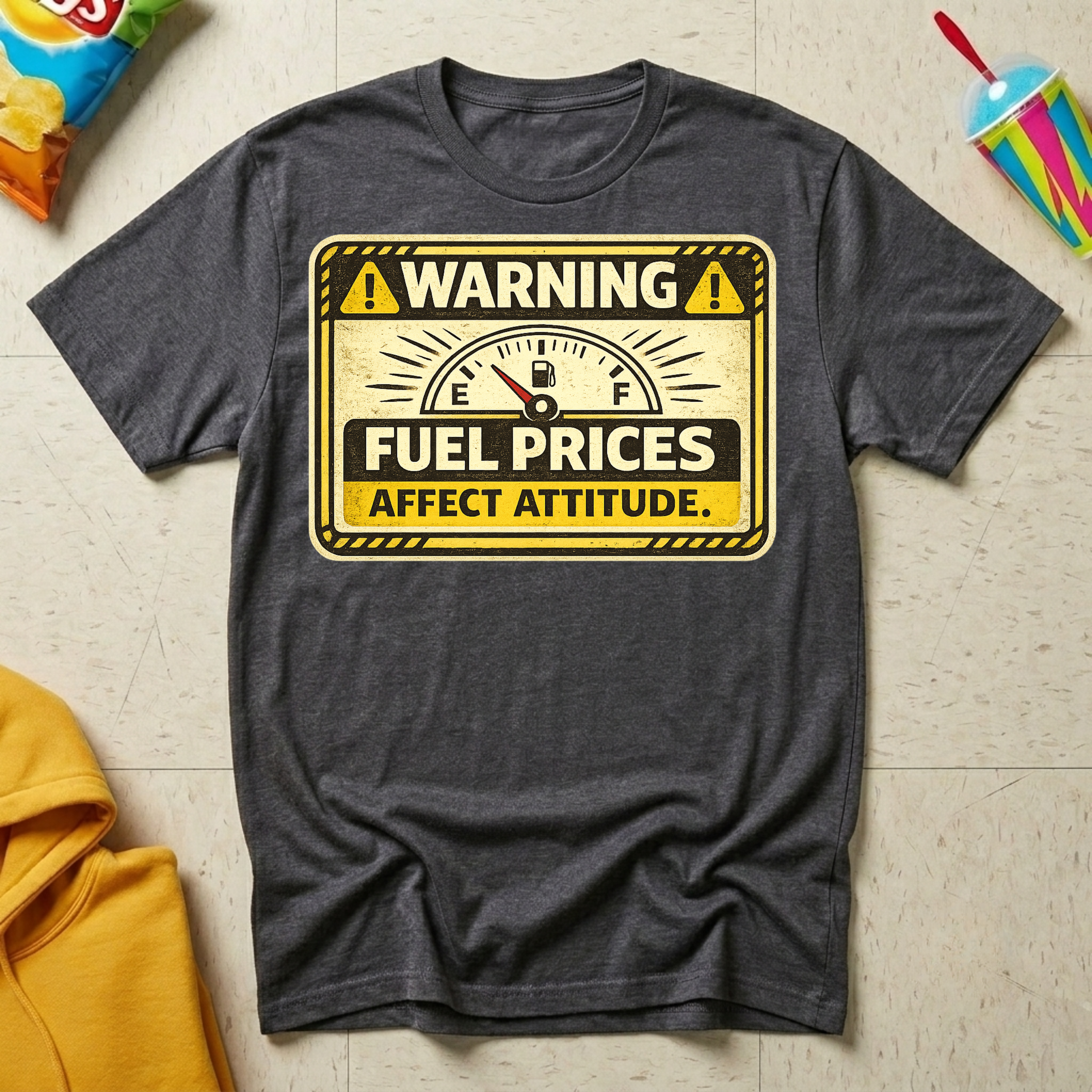 Warning: Fuel Prices Affect Attitude T-shirt by The Riverstone Life on a dark heather Gildan Softstyle 64000 featuring a vintage fuel gauge and humorous gas price design.