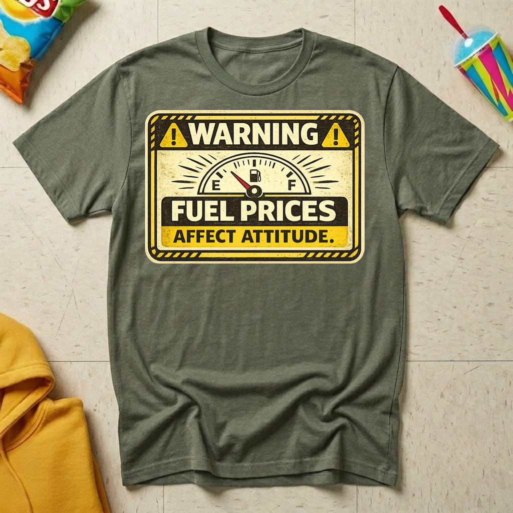 Warning: Fuel Prices Affect Attitude T-shirt by The Riverstone Life on a military green Gildan Softstyle 64000 featuring a vintage fuel gauge and humorous gas price design.